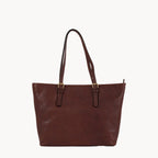 Brown leather tote bag on a white background