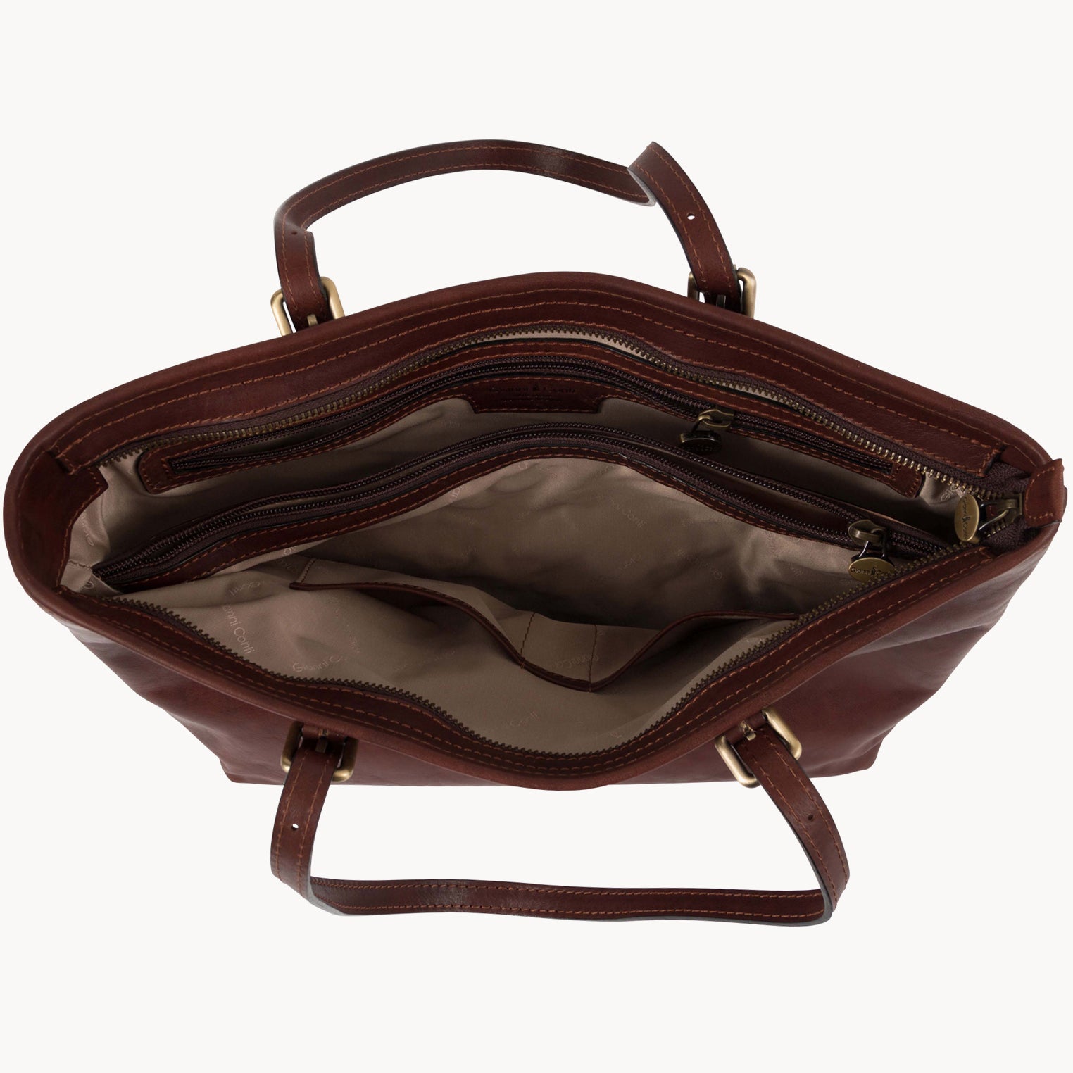 Brown leather tote bag on a white background