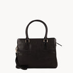 Black handbag with a strap on a white background