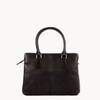Black leather handbag on a white background