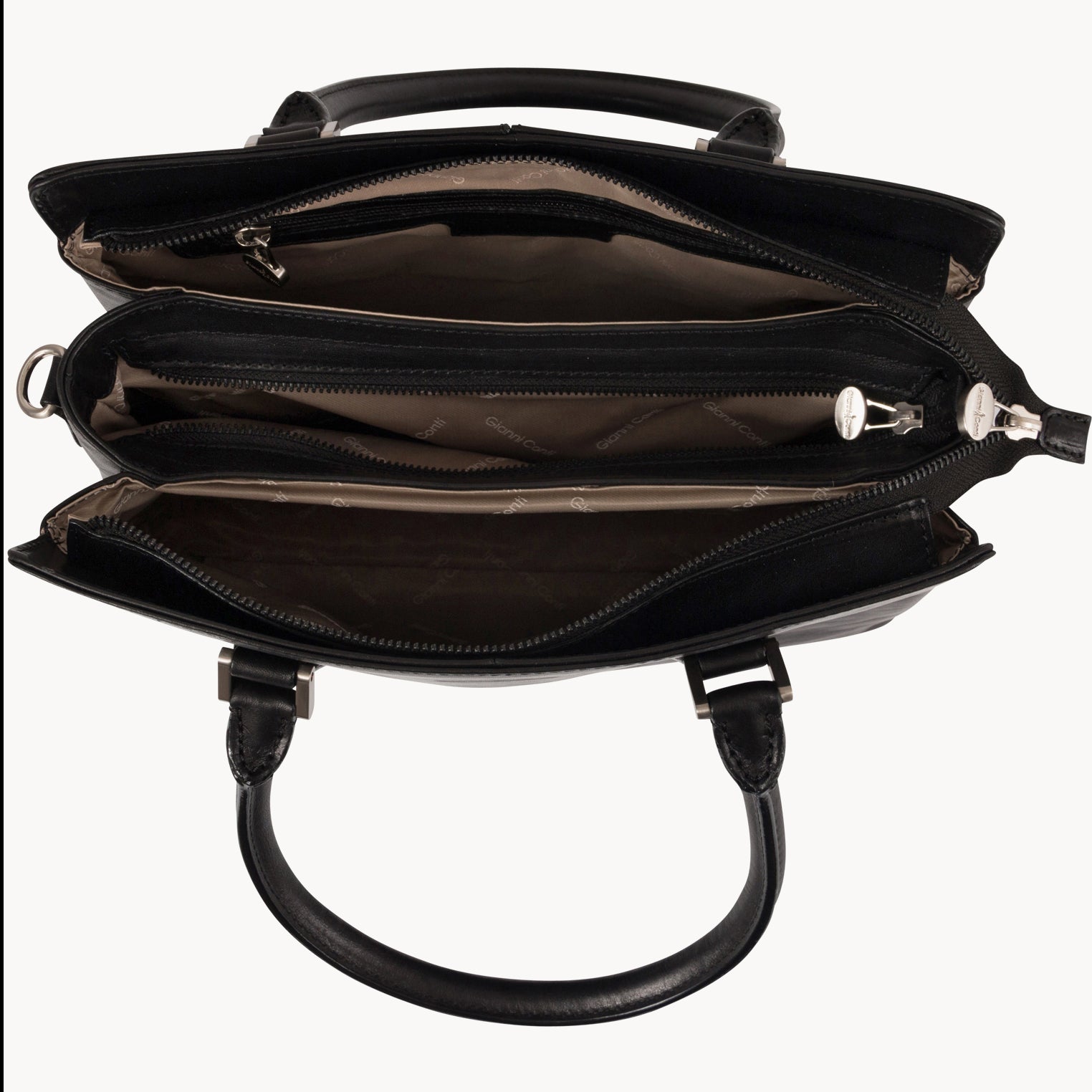 Black handbag with multiple compartments on a white background