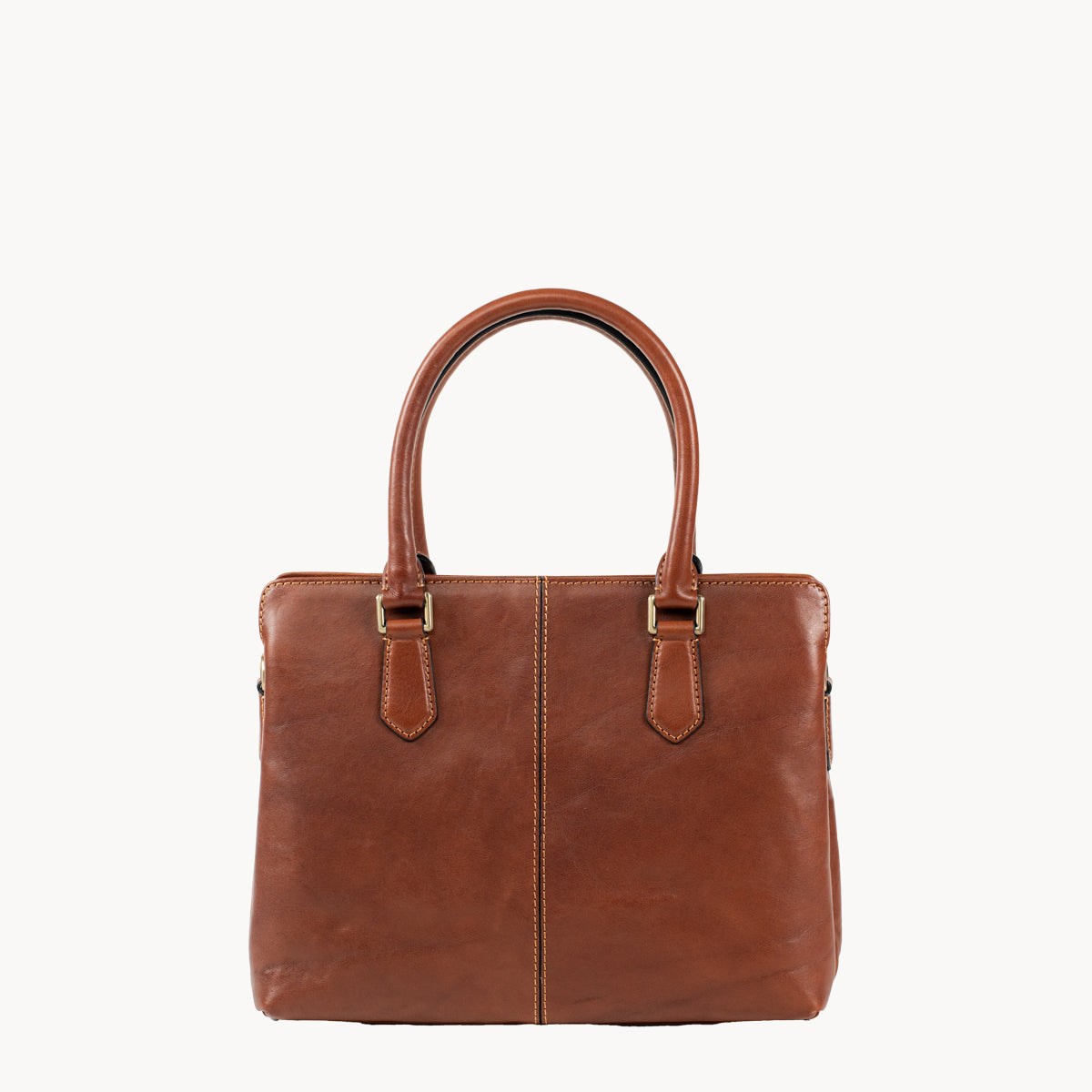 Tan leather handbag on a white background