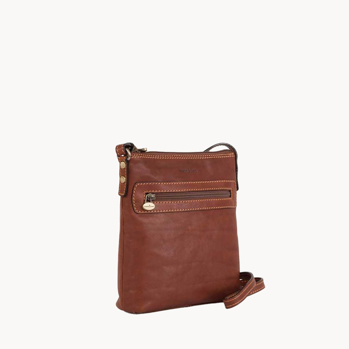 Brown leather crossbody bag on a white background