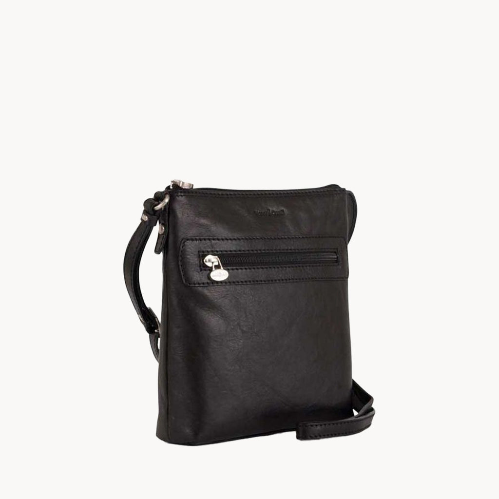 Gianni Conti Medium Leather Crossbody Bag in Black - front view showing adjustable strap and zip fastening