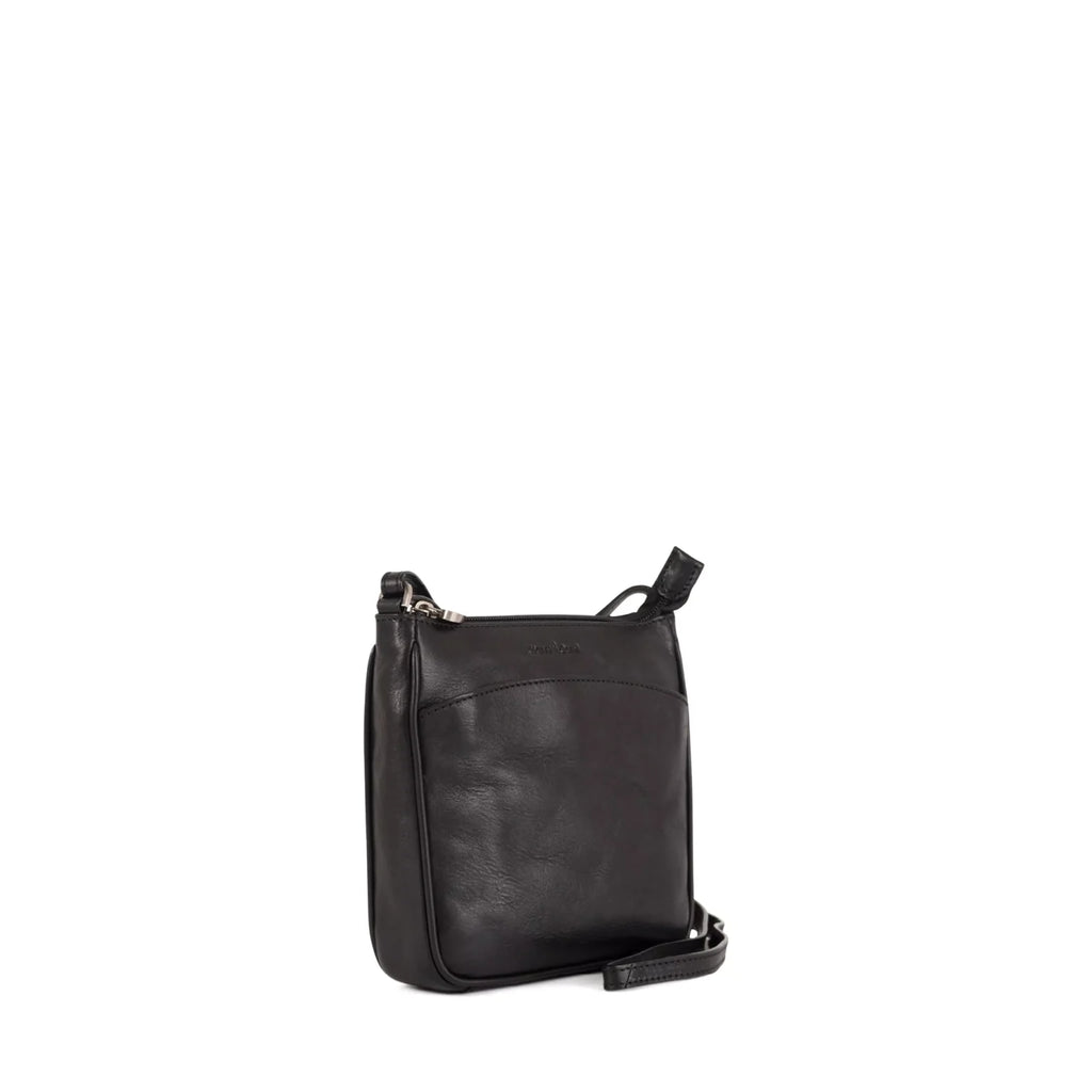 Gianni Conti Classic Leather Crossbody Bag in Black - front view showing adjustable strap and zip fastening
