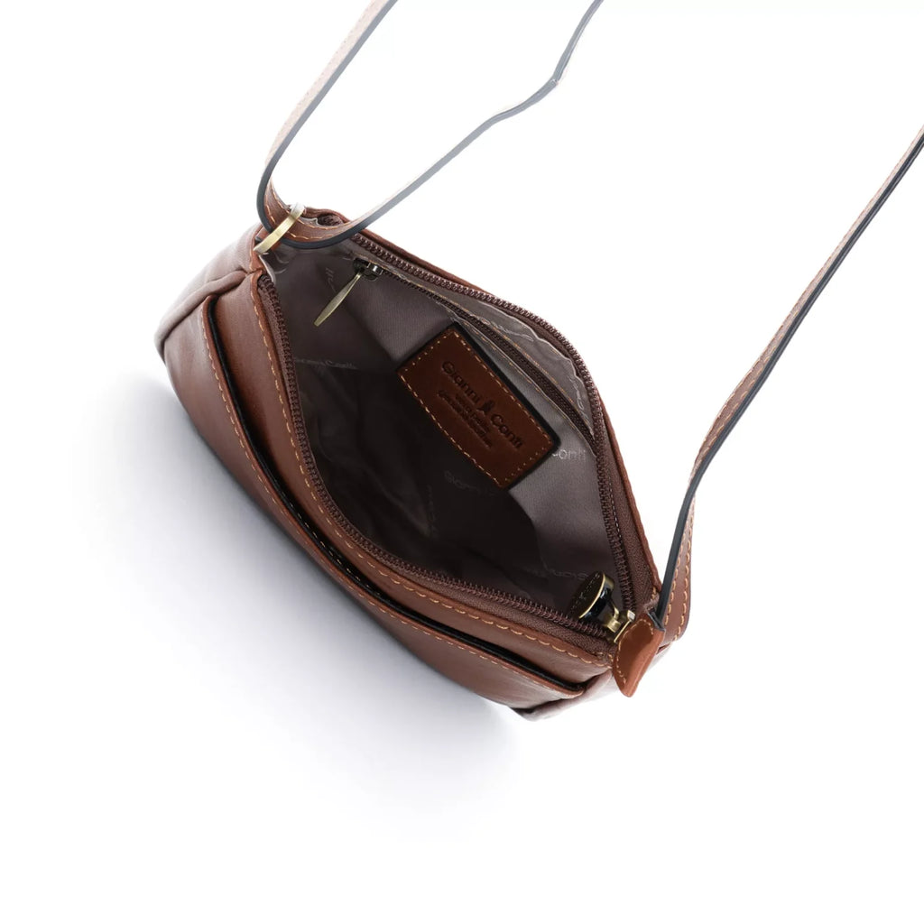 Gianni Conti Classic Leather Crossbody Bag in Tan - detail of zip hardware and leather quality