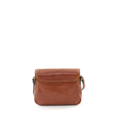 Gianni Conti Classic Leather Flap Crossbody Bag in Tan - side view showing calf leather depth and texture