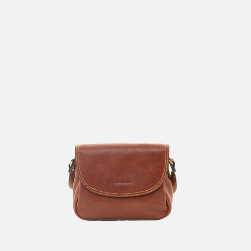 Gianni Conti Classic Leather Flap Crossbody Bag in Tan - front view showing flap closure and leather texture
