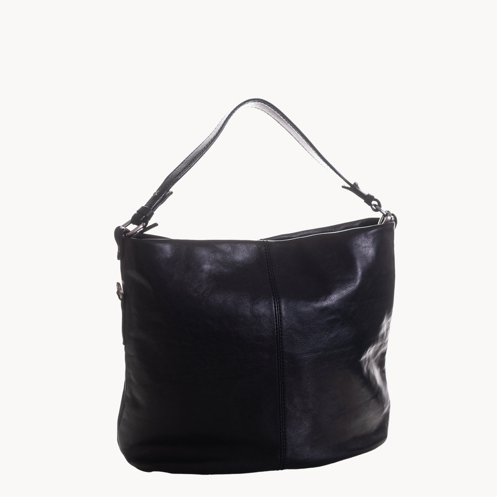 Black leather handbag on a white background
