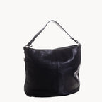 Black leather handbag on a white background