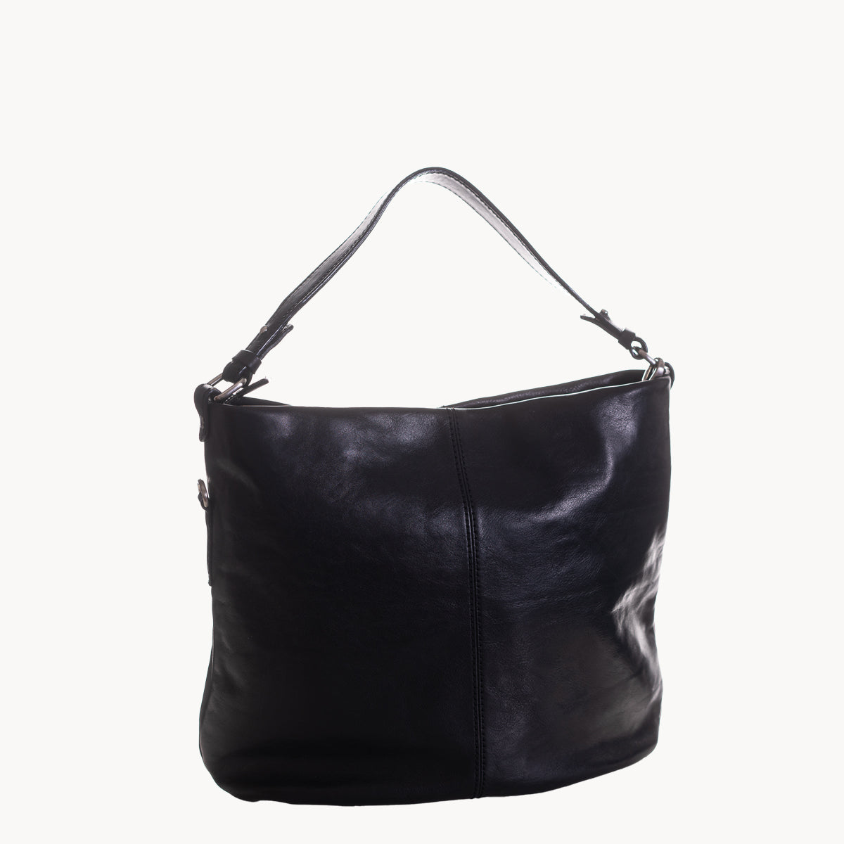 Black leather handbag on a white background