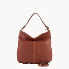 Brown leather handbag with a strap on a white background