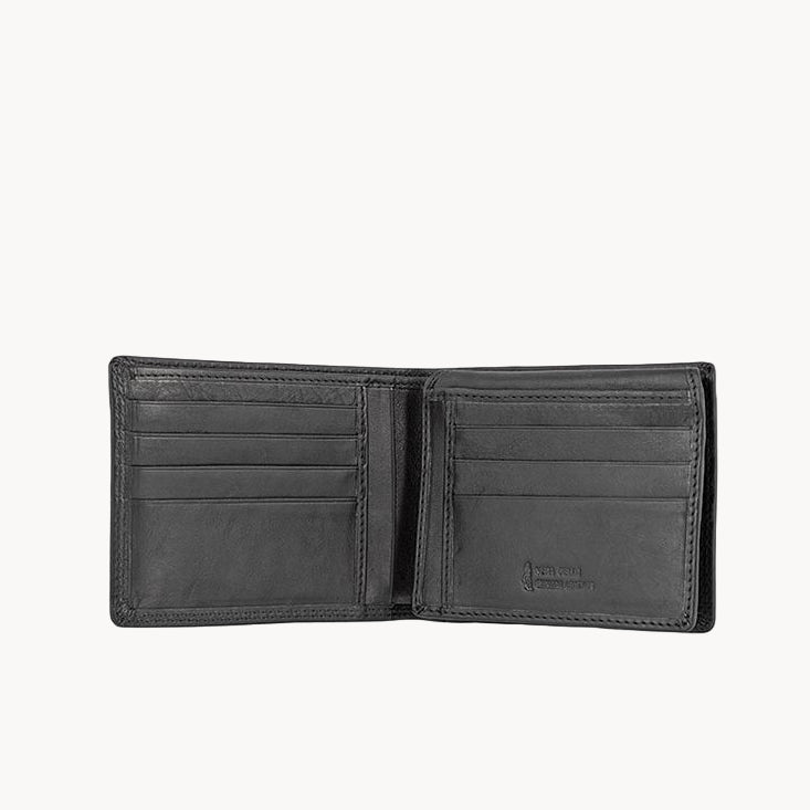 Black leather wallet open on a white background