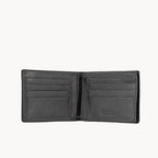 Black leather wallet open on a white background