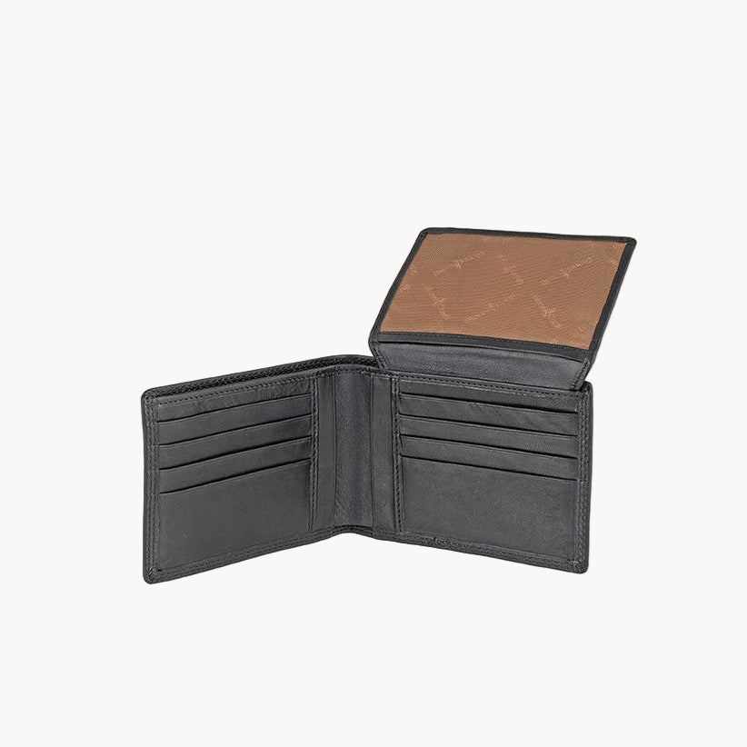 Black leather wallet with open design on a white background