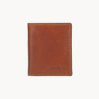 Brown leather wallet with a brand logo on a white background