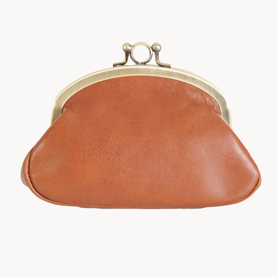 Tan leather coin purse with gold clasp on a white background