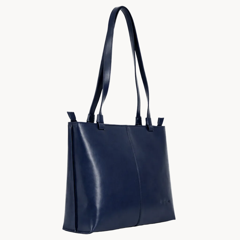 Navy blue handbag with a strap on a white background