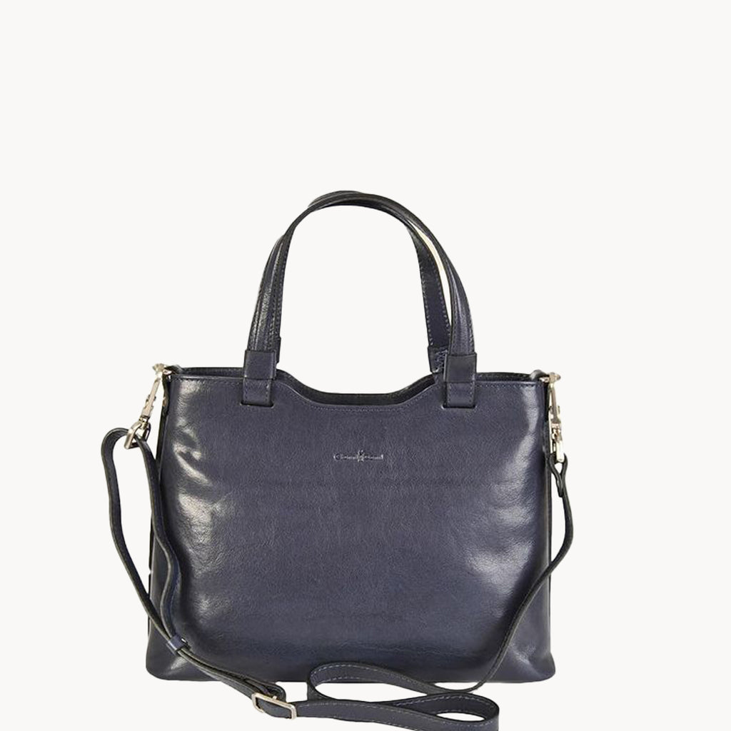 Navy blue handbag with a shoulder strap on a white background