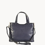 Navy blue handbag with a shoulder strap on a white background
