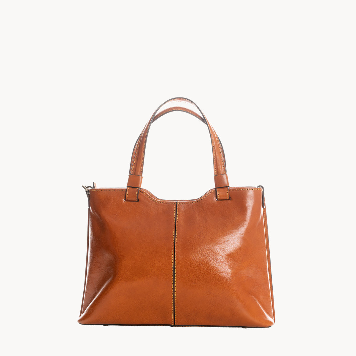 Tan leather handbag on a white background back view