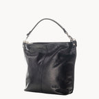 Black leather handbag on a white background