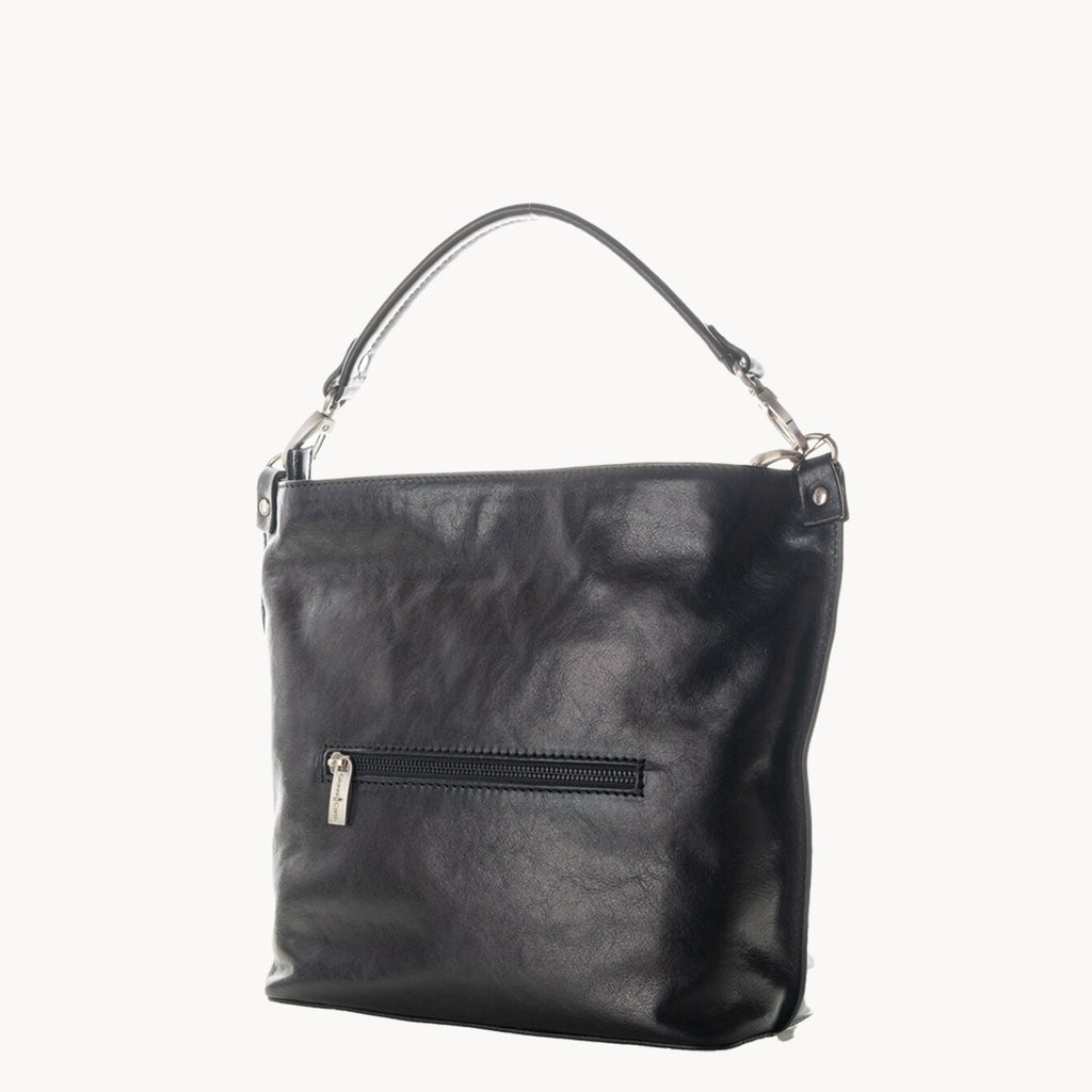 Black leather handbag with a zipper on a white background