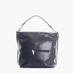 Blue handbag with a visible zipper on a white background