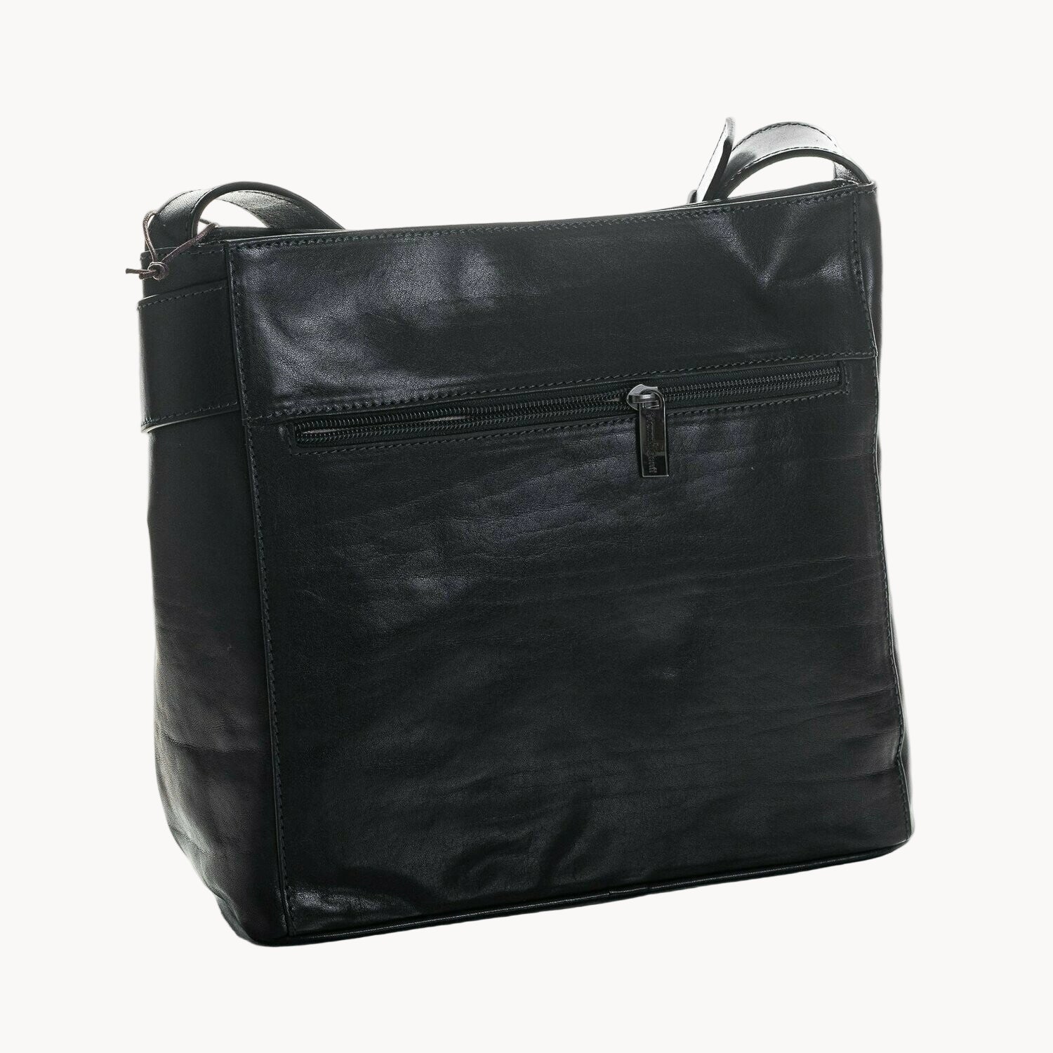 Black Gianni Conti leather crossbody bag showing external zip pocket