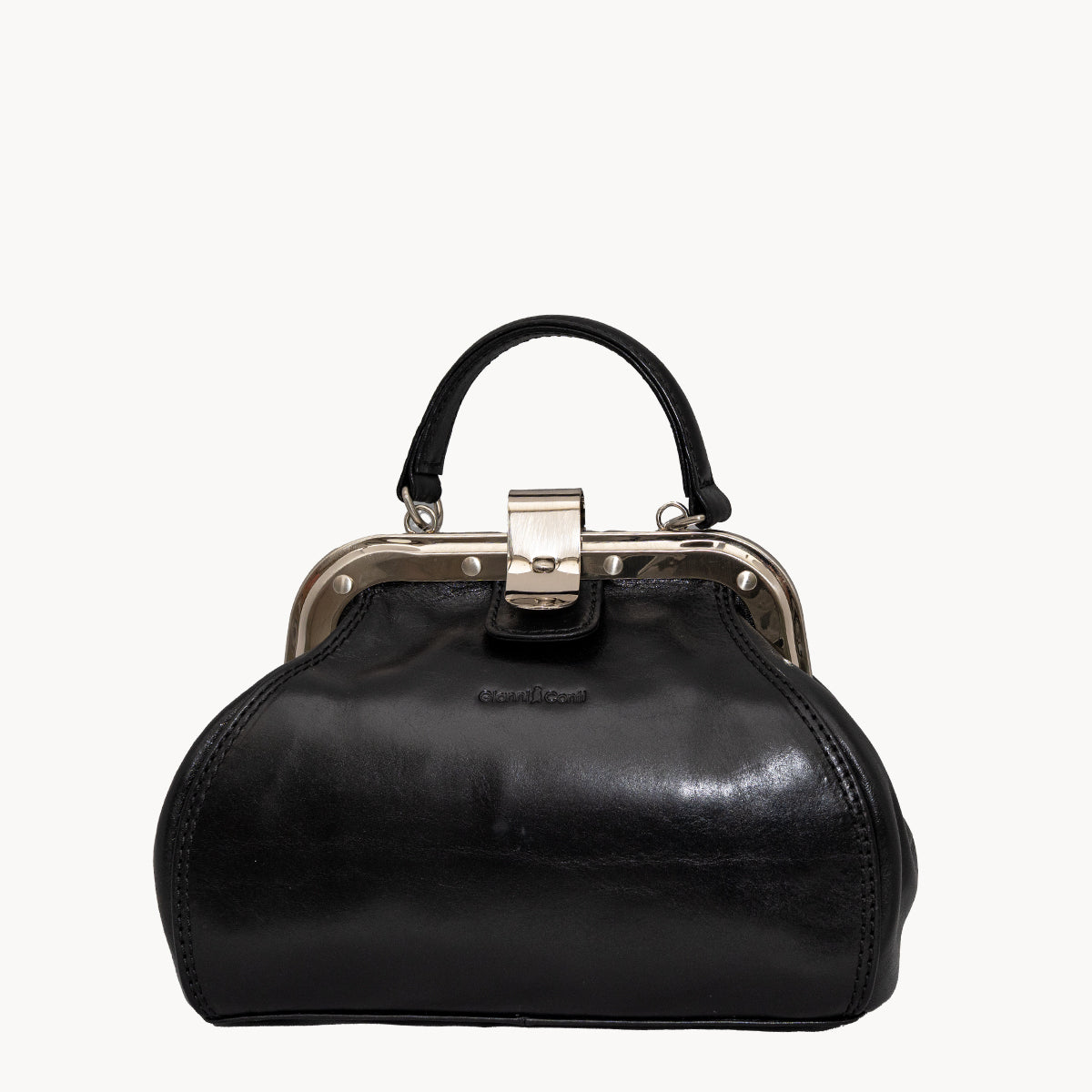 Black Gladstone style bag with silver metal clip opening and grad handle with detachable long strap.