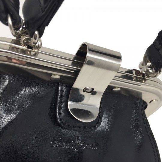 Close-up of frame clasp and Italian leather texture