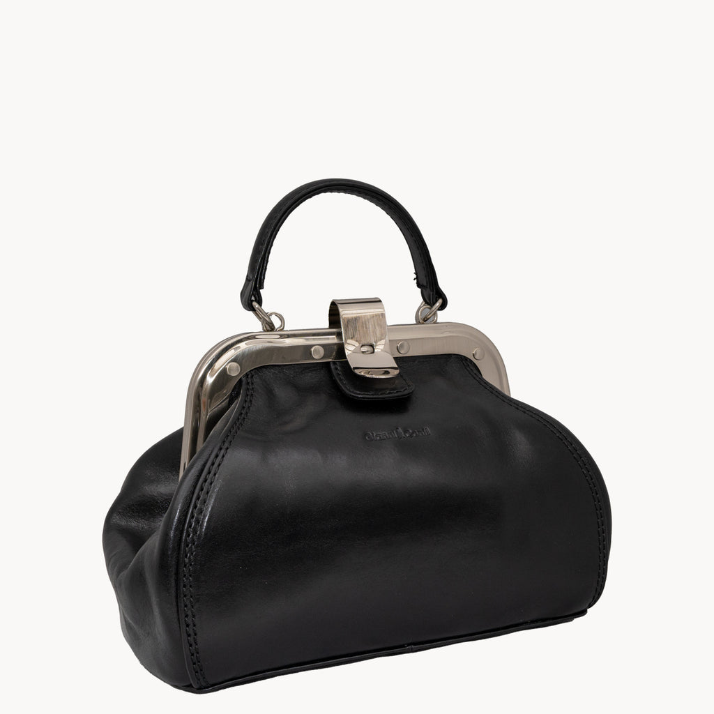 Gianni Conti Small Leather Gladstone Bag - Doctor's Bag in Black - side view showing Italian leather texture and depth