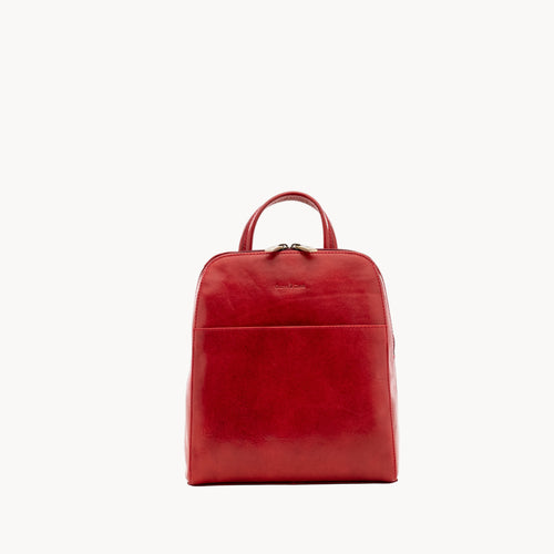 Gianni Conti Leather Backpack in Red - front view showing zip top and magnetic front pocket