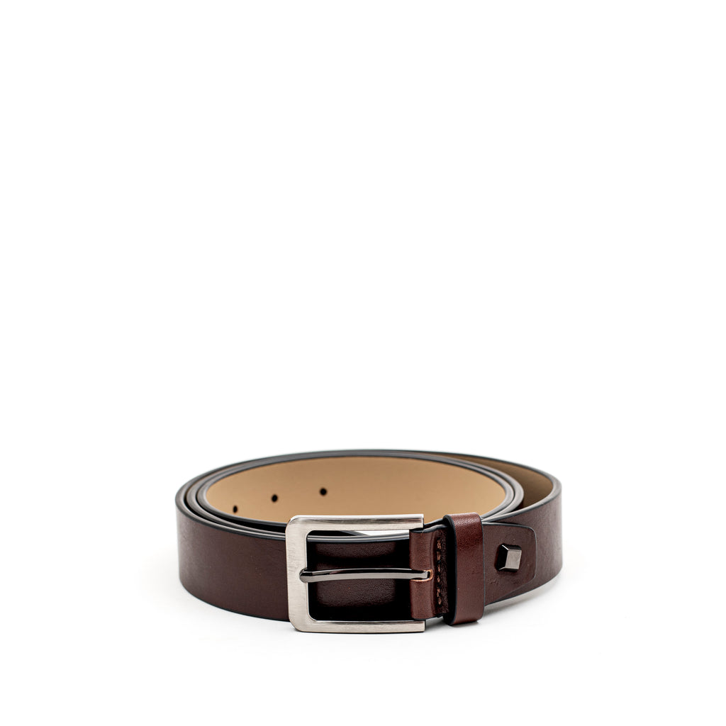 Brown leather belt with silver buckle on a white background