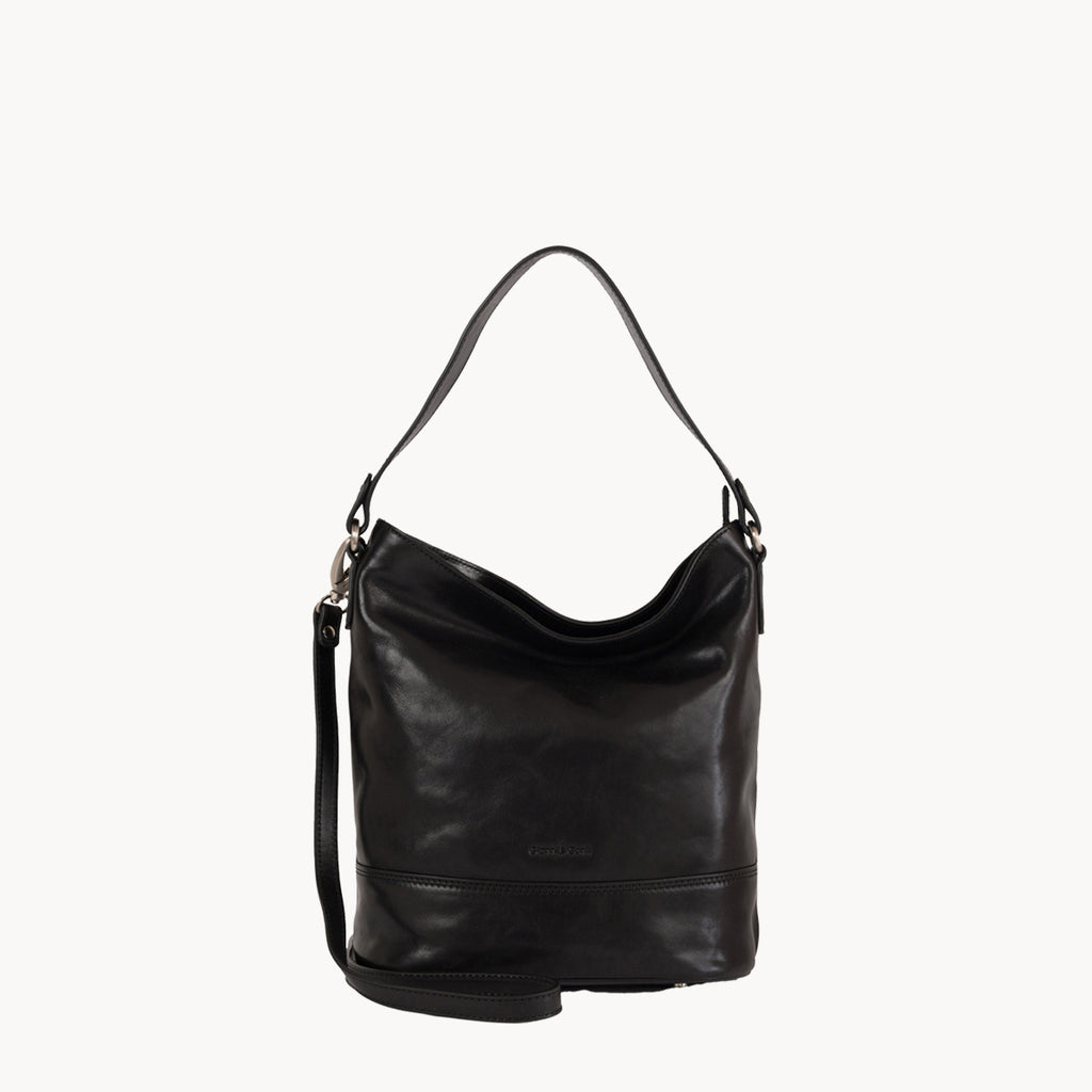 Black leather handbag on a white background