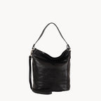 Black leather handbag on a white background