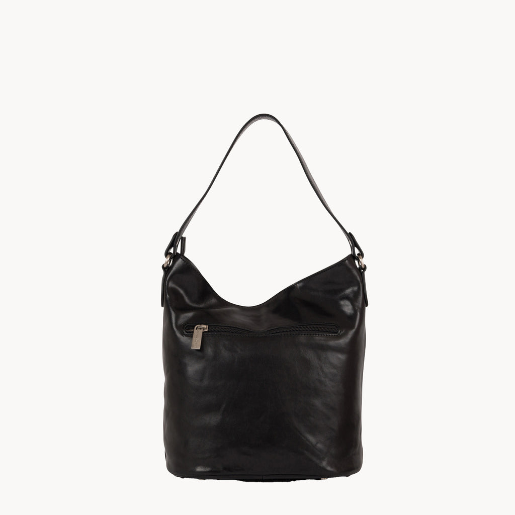 Black leather handbag on a white background