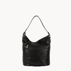Black leather handbag on a white background