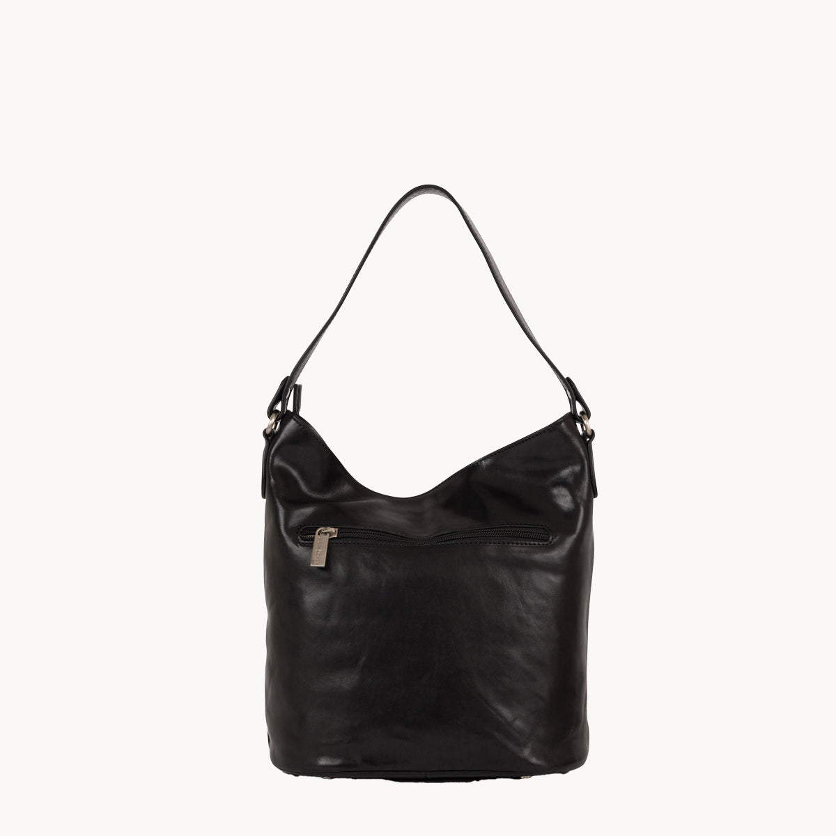 Black leather handbag on a white background