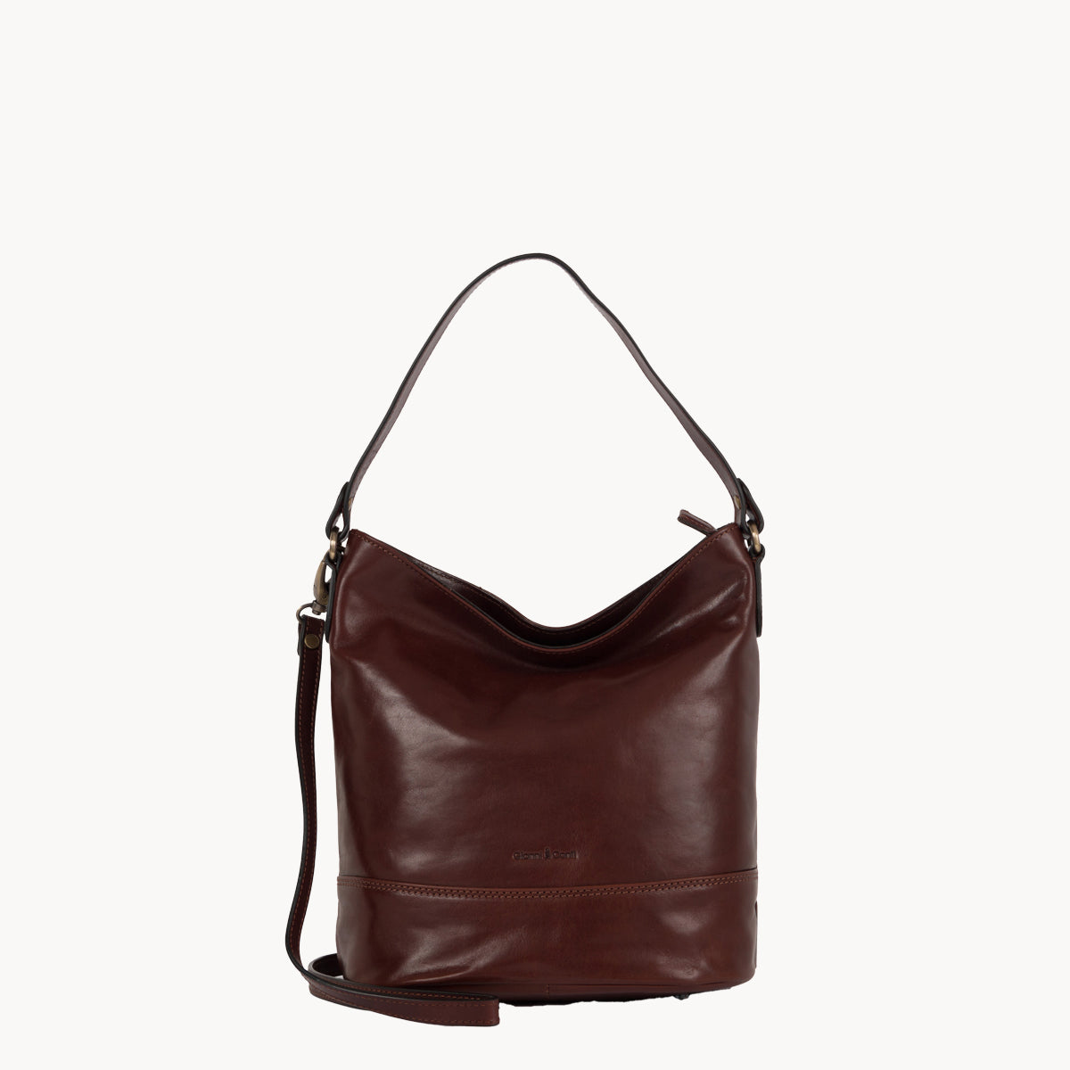 Brown leather handbag on a white background