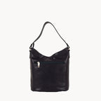 Blue leather handbag with a visible zipper on a white background