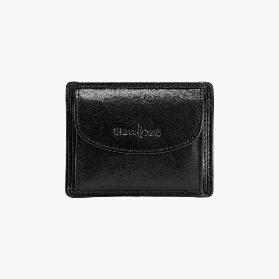 Black leather wallet with a brand logo on a white background