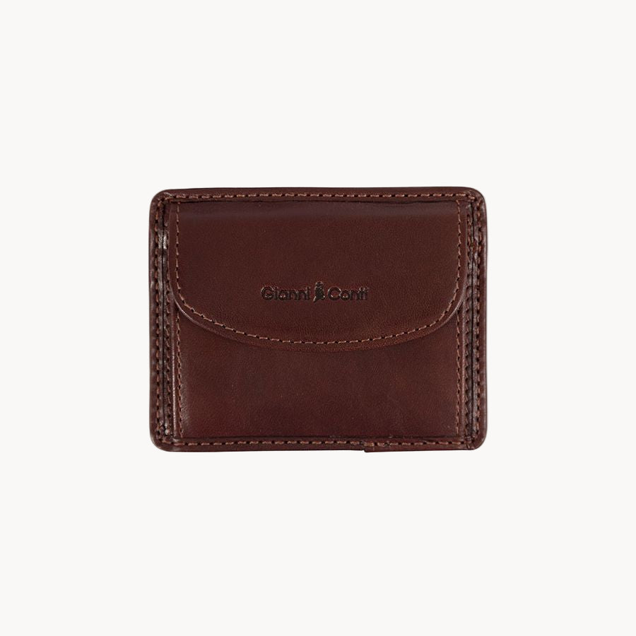 Brown leather wallet with 'Gianfranco' branding on a white background