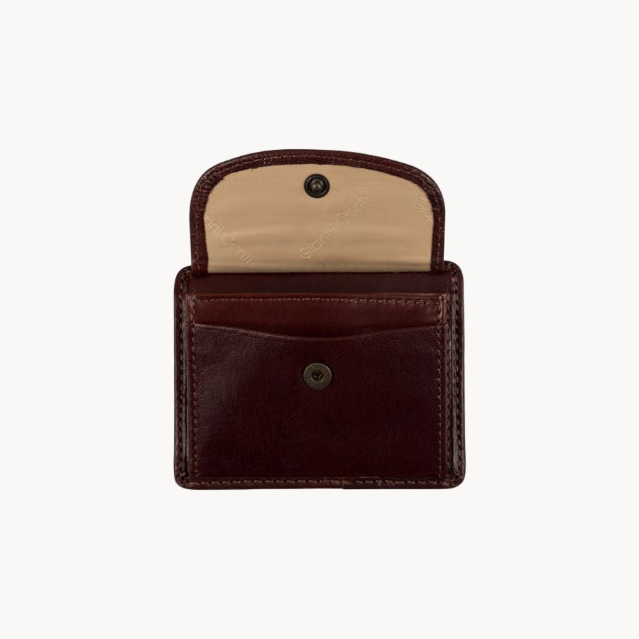 Brown leather wallet open on a white background
