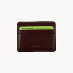 Brown leather wallet with RFID protection strip on a white background