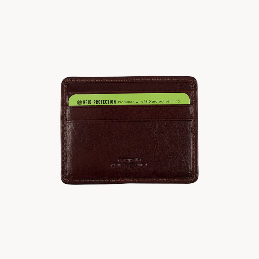 Brown leather wallet with RFID protection strip on a white background