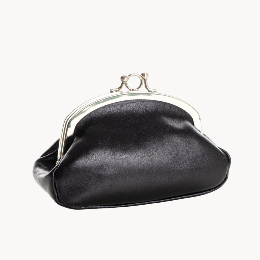 Black coin purse with a silver clasp on a white background