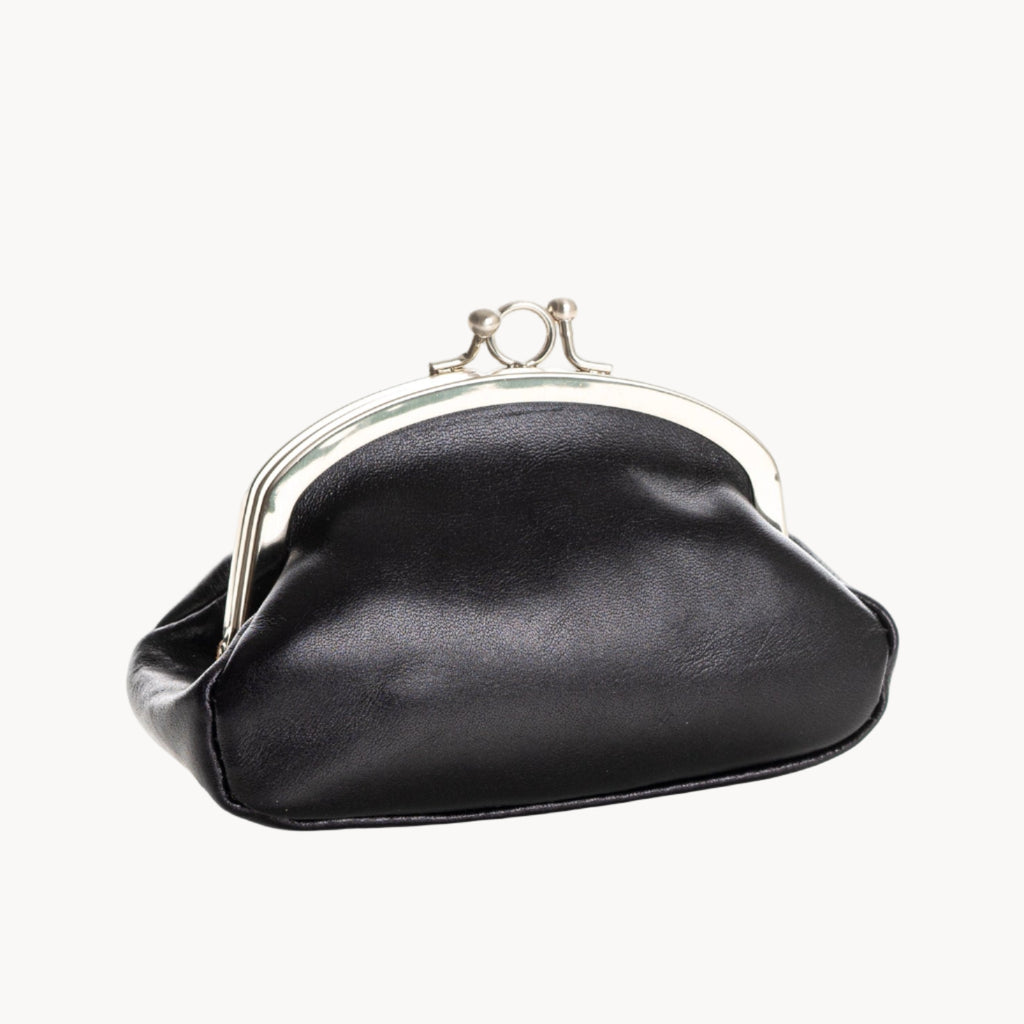 Black coin purse with a silver clasp on a white background