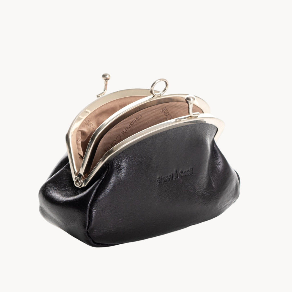 Black coin purse with gold clasp on a white background