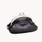 Black coin purse with a silver clasp on a white background